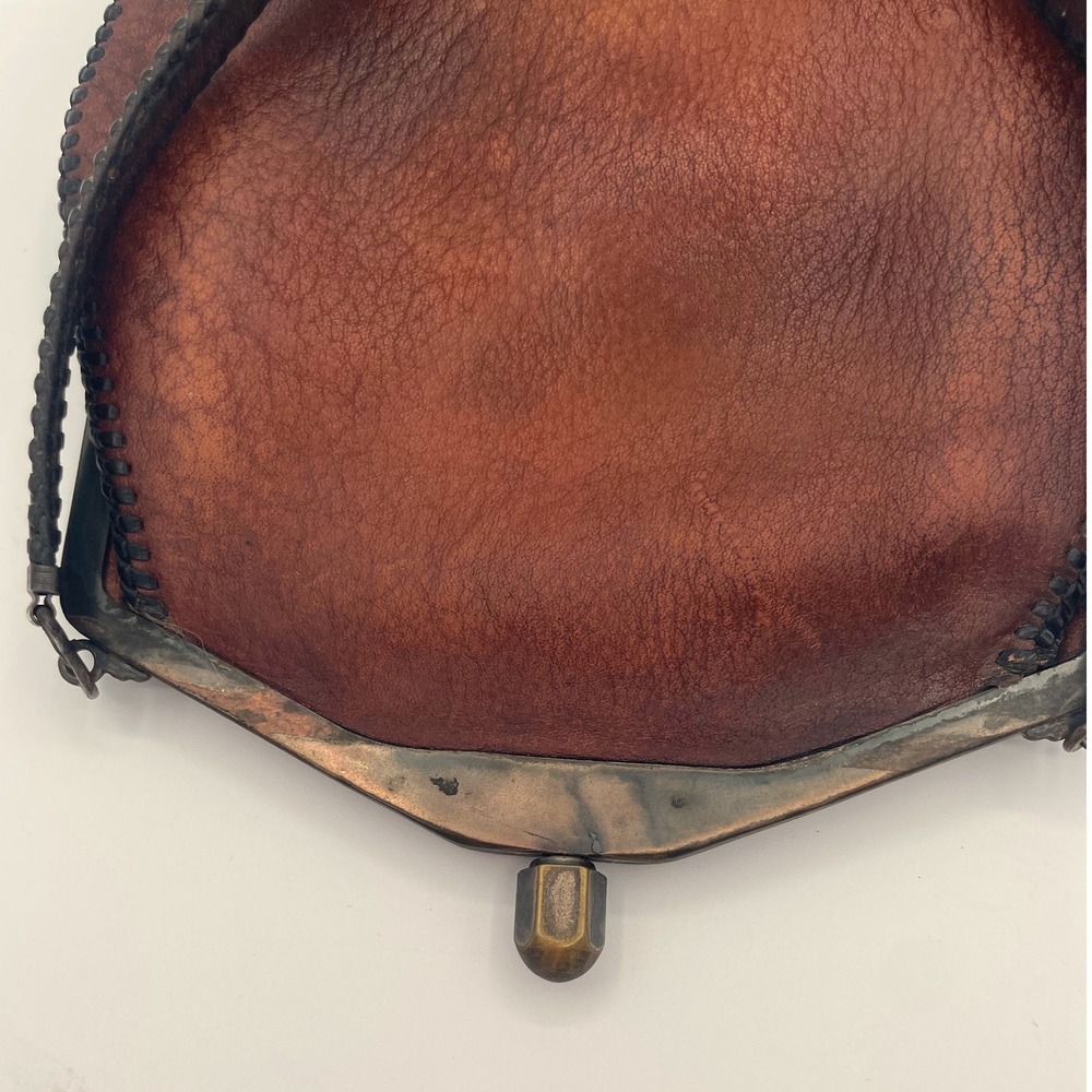 Vintage Tooled Leather Handbag Brown Art Nouveau Floral Embossed Frame Bag - Picture 8 of 12